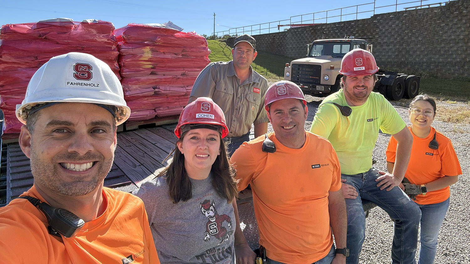 Adam Fahrenholz, Associate Professor of Feed Manufacturing; Dr. Marissa Cohen, Area Specialized Agent for Animal Food Safety; Dalas Norton, Research Technician & Hauler for LWRFL; Samuel Brown, Feed Mill Education Unit Manager; Corey Wishon, doctoral student; Dr. Andrea Rubio, post-doctoral scholar.